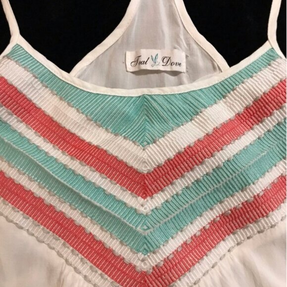 Teal Dove White Spaghetti Strap Razor Back Tank Top w/ Teal & Coral Neckline - Picture 10 of 11